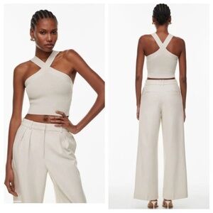 Babaton Cream Cross-Strap Ribbed Crop Top